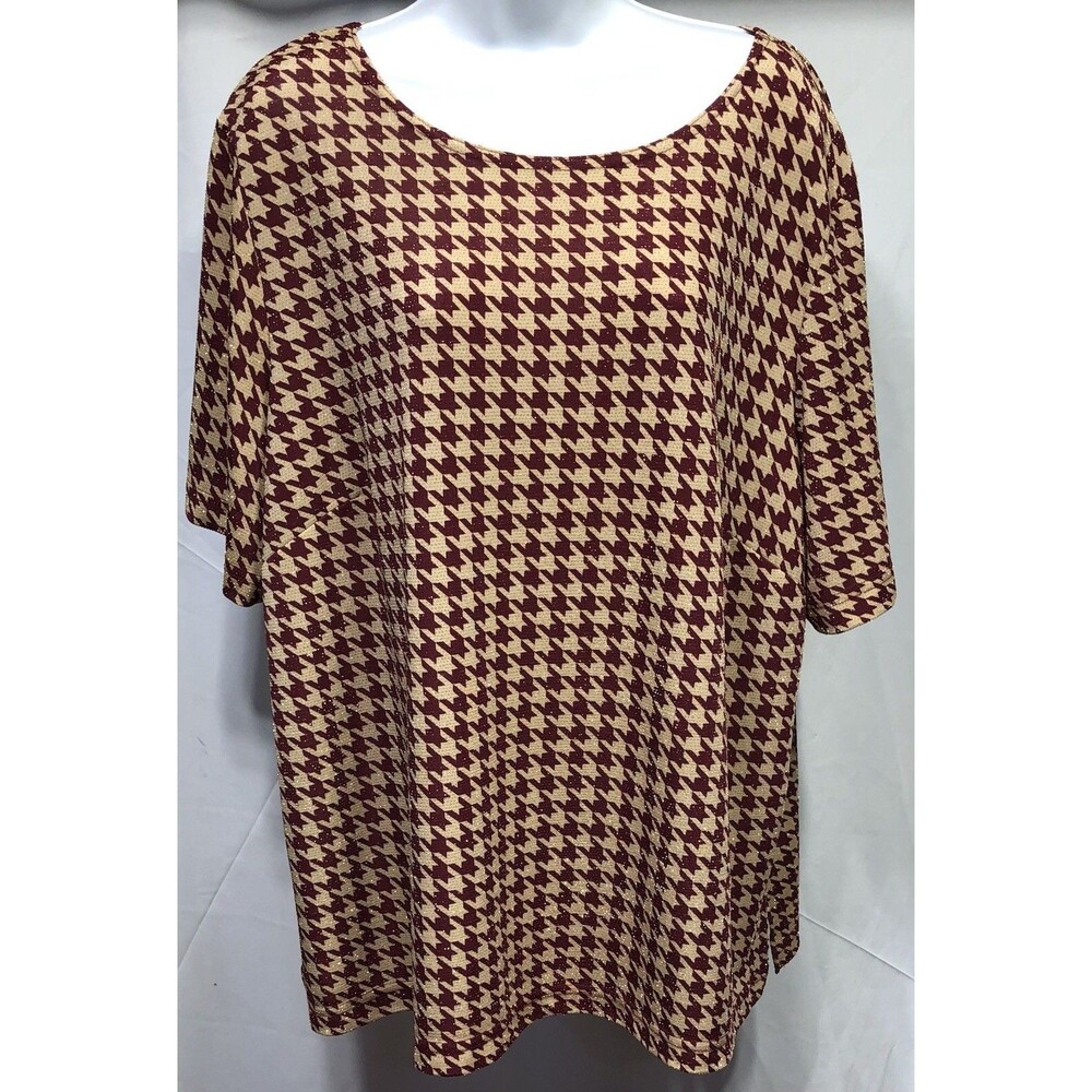 Worthington Woman Knit Top 2X Red Gold Metallic Glitter Geo Short Sleeve Office